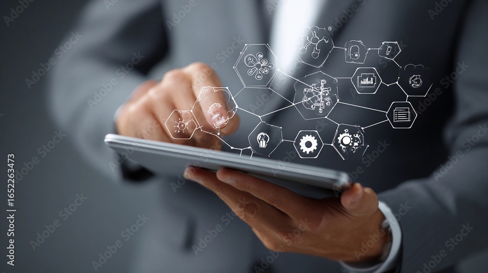 Poster business professional interacting with digital interface on tablet while analyzing data in a modern 