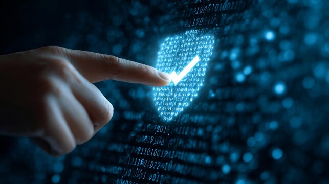 Digitally secured information with verification check on a binary code background during cybersecurity awareness campaign