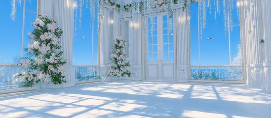 Fototapeta premium White, airy veranda with floral displays and blue sky