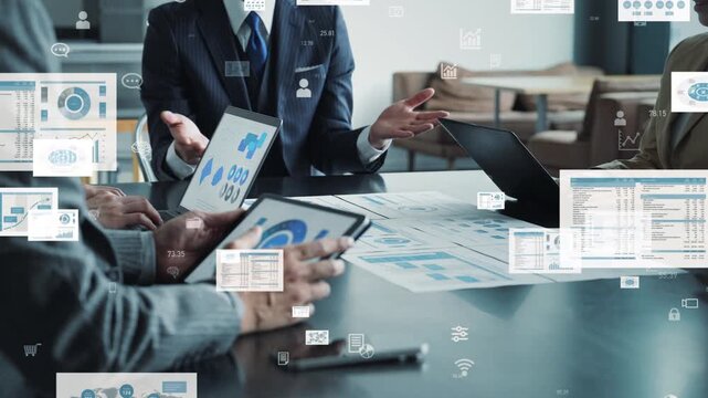 オフィスでミーティングする人々とビジネスデータのコンセプト