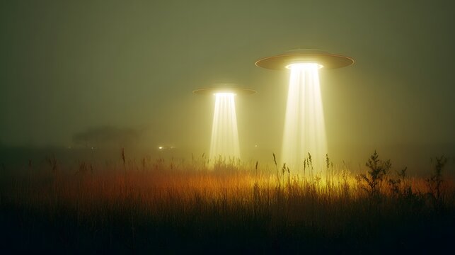 Two glowing ufos over a misty field.