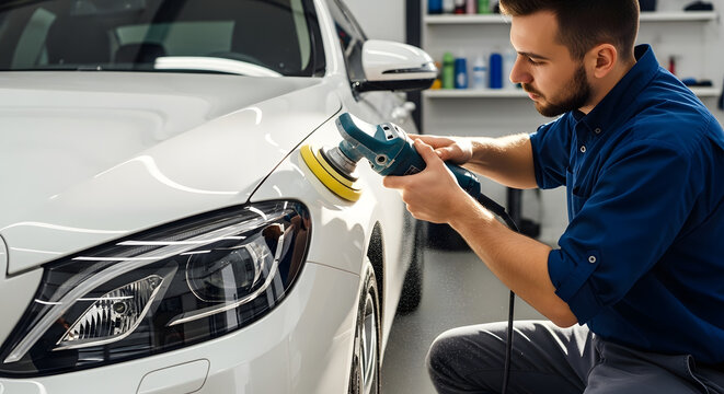 professional man polishing white car at detailing shop