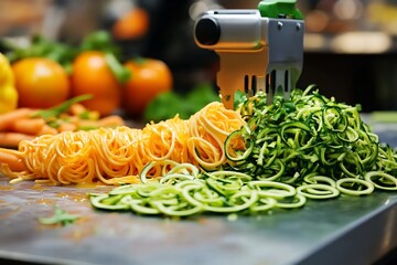Freshly spiralized zucchini and carrots ready for healthy cooking