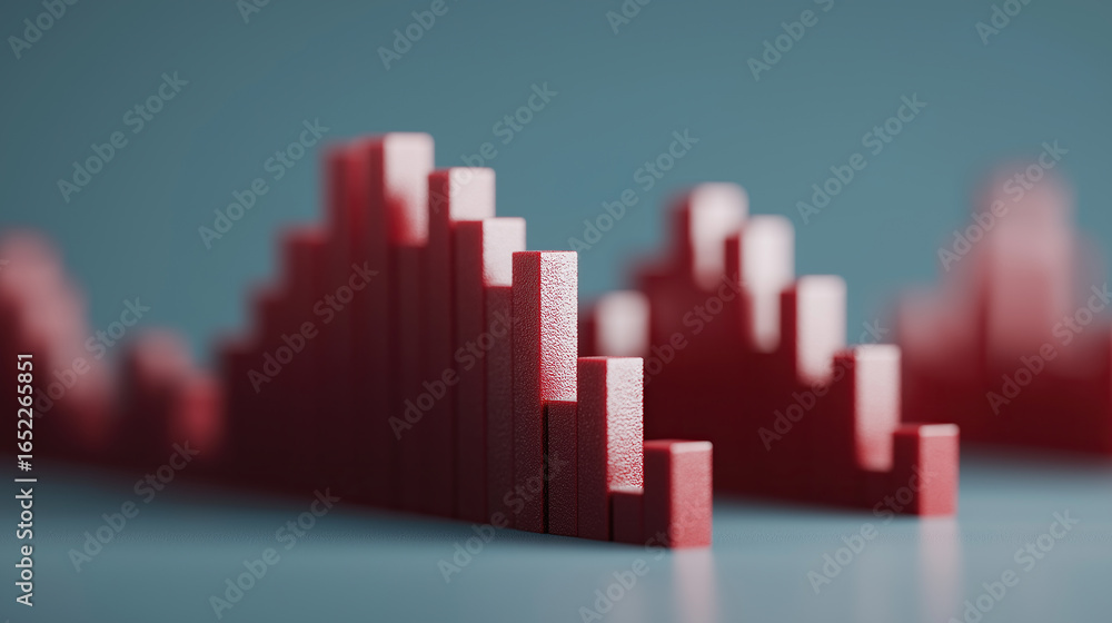 Poster red bar charts rise in structured sequence, representing statistical financial performance.