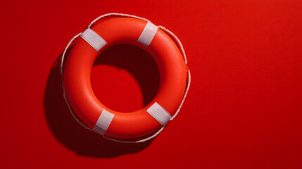 Life ring on a red background, representing safety and first aid protection, copy space.