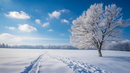 Snowy landscape with frosted tree