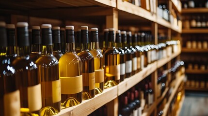 Rows of wine bottles on wooden shelves in a store