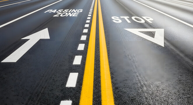 road passing zone and stop sign markings - Powered by Adobe
