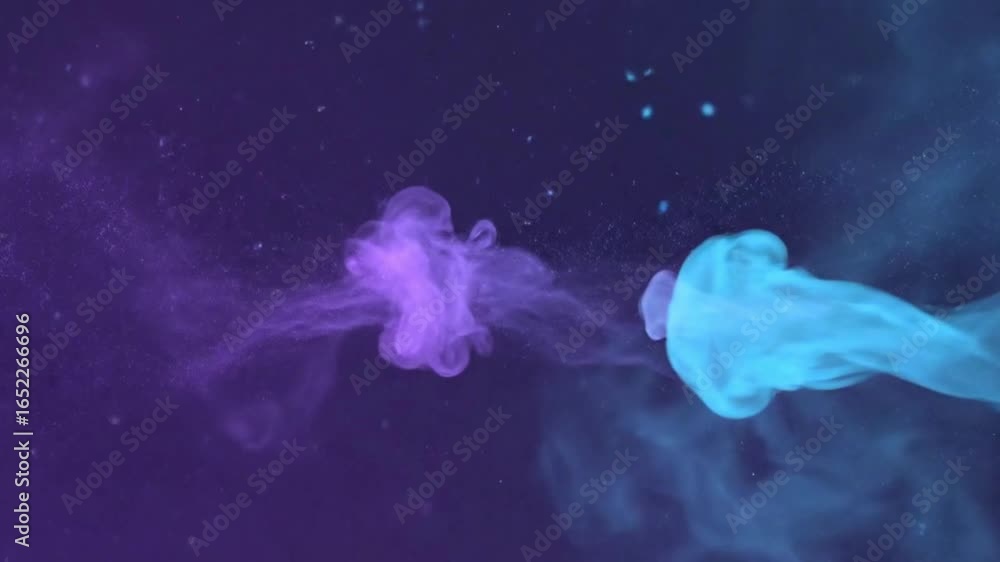 Aufkleber abstract image of two vibrant swirling clouds of purple and blue ink floating against a dark backgro