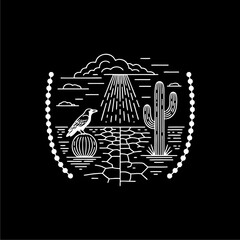 Stylized desert scene with a crow perched on a cactus, under a rain shower and dramatic clouds, rendered in white line art on a black background.