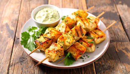 Grilled skewers of cubed meat with a creamy sauce