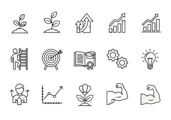 Line art icons representing business growth, personal development, success, learning, and strength concepts.