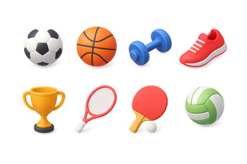 This image displays 3D icons of various sports and fitness items. The top row features a soccer ball, basketball, dumbbell, and running shoe. The bottom row shows a trophy, tennis racket, ping-pong pa