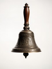 A realistic close-up of a single, antique bronze Christmas handbell with a wooden handle.