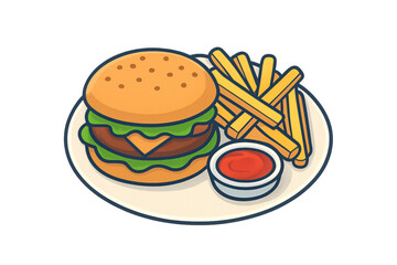 Burger French Fries and Ketchup Fast Food Vector Illustration.