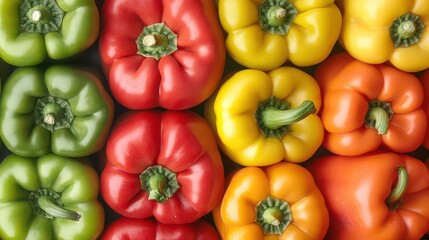 Close up view of assorted colorful bell peppers arranged