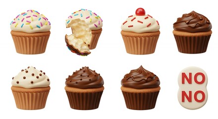 Assortment of decorated cupcakes on white background