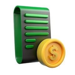 The image depicts a digital icon representing financial transactions or accounting, specifically a receipt and a coin