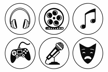 Black and white entertainment and media icon set.