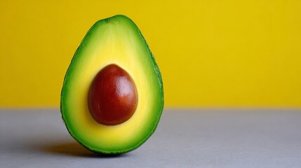 Green avocado with a brown seed in the middle. The avocado is cut in half and the seed is visible