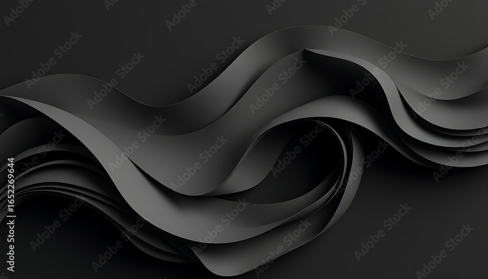 Poster abstract dark background featuring layered paper waves in shades of gray and black creating depth