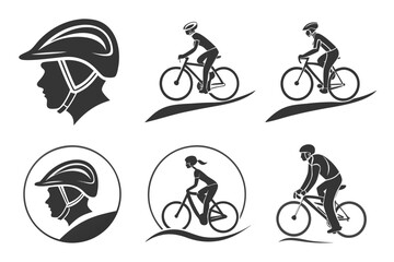 Cyclist Silhouette Icons with Helmets.