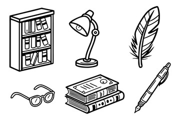 Handdrawn monochrome illustration set of study and writing objects.