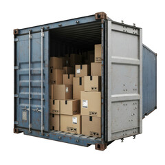 Shipping container filled with cardboard boxes isolated on transparent background