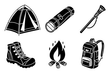 Outdoor adventure and camping gear silhouette icons collection.