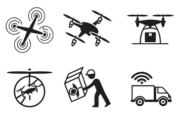 Set of black icons for drone delivery and logistics.