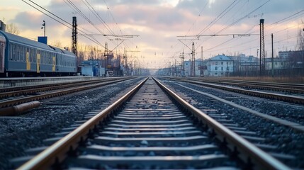 Fototapeta premium Railroad tracks extending into a city at sunset