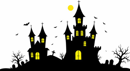“A spooky haunted castle silhouette with glowing yellow windows, crooked towers, graveyard and creepy trees, Halloween theme, flat vector style, white background.”