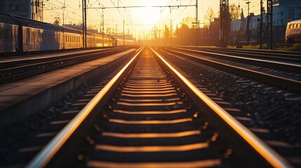 Obraz premium Railroad tracks extending into a golden sunset