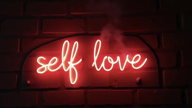 Glowing self love neon sign on a red brick wall creating a warm and inviting atmosphere