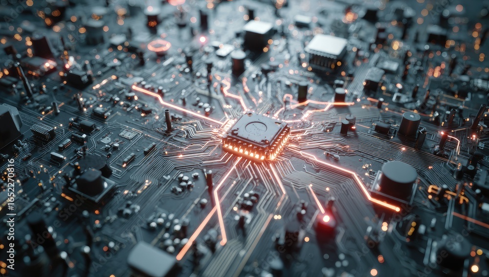 Fototapete close-up of a circuit board with central processor. intricate pathways and components illuminated