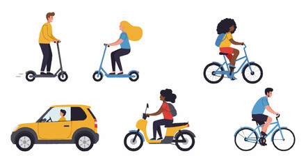 Fototapeta premium “Set of characters driving electric vehicles young man on e-scooter, couple on electric scooter, driver in electric car, cyclist on eco bike, minimal flat design.”