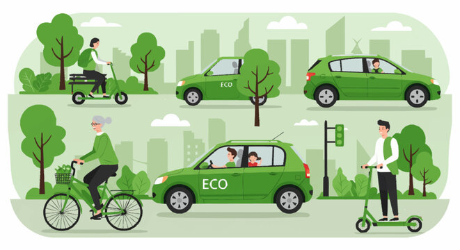 &ldquo;Eco transportation concept illustration with people commuting by e-bike, electric car, electric scooter, promoting sustainable mobility, green tones, vector art.&rdquo;