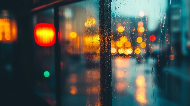 Rainy night city view through a bus window