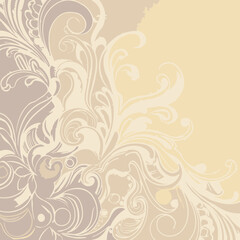 Ornate, decorative design with light beige background. Intricate swirls and flowing floral patterns with a textured, distressed effect.