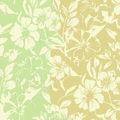 Delicate floral pattern in pastel shades with a soft ombre effect. Seamless repeating design of white flowers and leaves on a light green and yellow background.