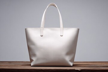 Simple white tote bag on wooden surface