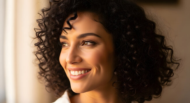 Close-up Portrait of a Smiling Young Woman with Curly Hair, Looking Off to the Side