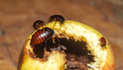 Close-up of insects on a damaged apple