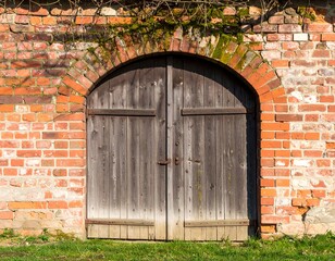 Old wooden doors in brick wall