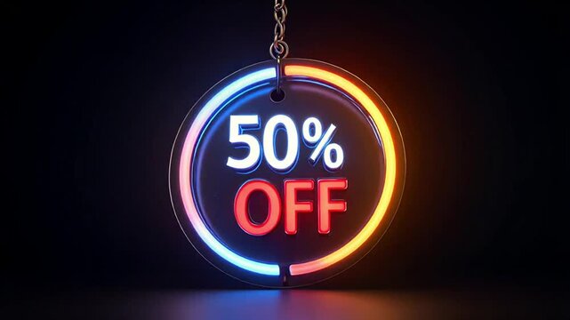 Dynamic neon sign flashes 50% OFF, creating excitement for a major sale event or promotion, urging customers to act now.