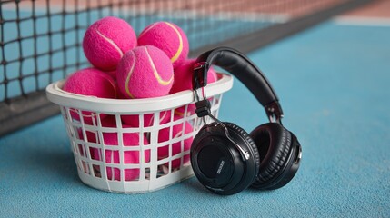 Tennis balls and headphones are on a blue surface. The tennis balls are pink and the headphones are black