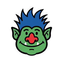 Fototapeta premium Cartoon Troll Face with Blue Hair and Red Nose on White Background