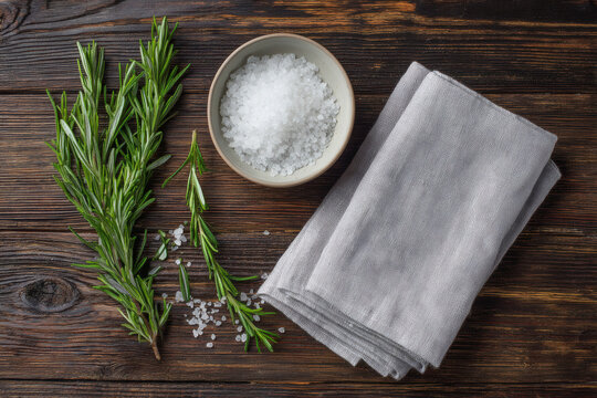 Elegant rosemary sprigs, coarse sea salt, and linen napkin on rustic wood table