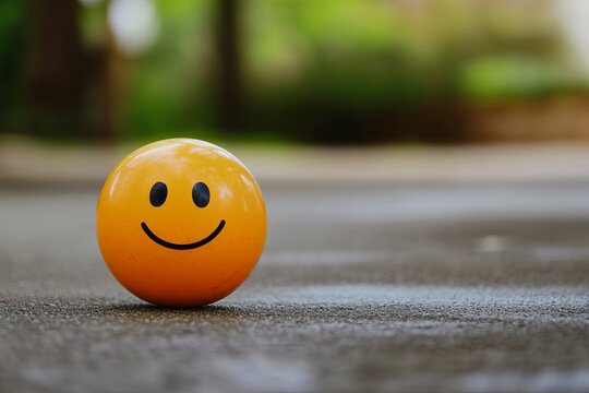 Small, cheerful yellow smiley face ball on asphalt. Blurry green trees in background