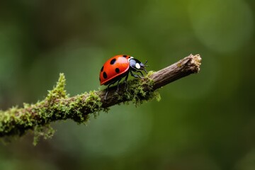 Obraz premium Ladybug on a Mossy Stick